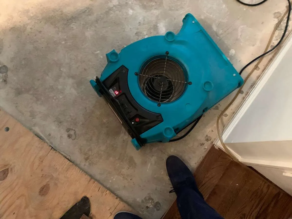 Air mover drying subfloor during Leak Detection & Repair in Utica